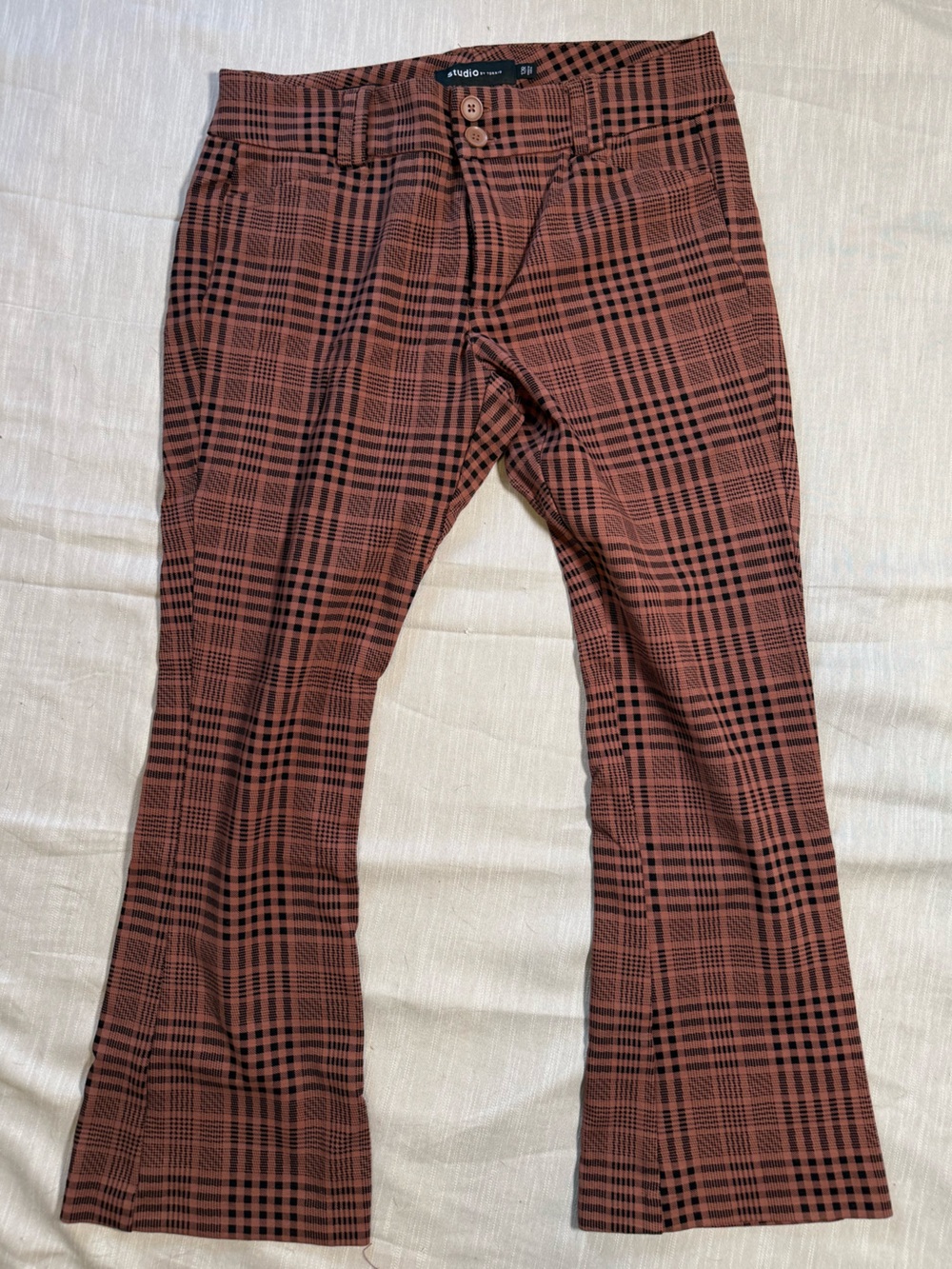 Torrid Studio Luxe Ponte Plaid Flare Pants Brown Black Stretch Trousers